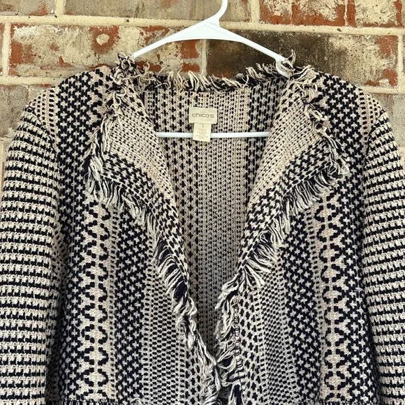 Chico's Lucy Navy and Cream Patterned Fringe Open Cardigan - Picture 4 of 11